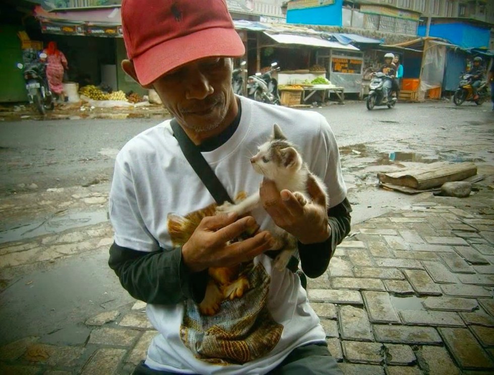 猫を抱っこする男性