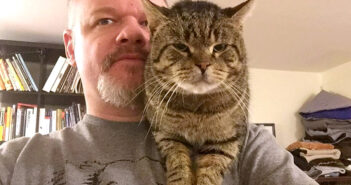 野良猫達の世話をしていた男性に、我が物顔で近づいてきたボス猫。当然のように肩を支配して、家の中の王様になる！