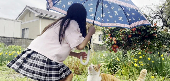 雨降る庭で庭猫に傘を差し出す女の子。どうやら猫はとっても嬉しかったようで、「ありがとう」の気持ちを伝えてきた♡
