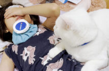高熱を出した小学生のお姉ちゃんを心配する猫