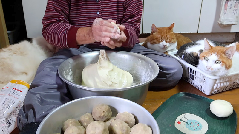 おばあちゃんの栗まんじゅう作りを応援する猫達